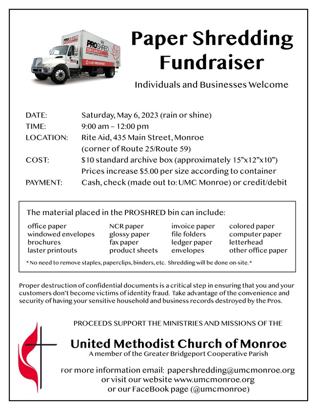 UMC Monroe Spring Paper Shredding Fundraiser