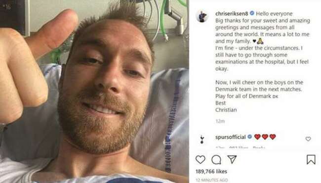 Denmark’s Eriksen says ‘I’m fine’ from hospital