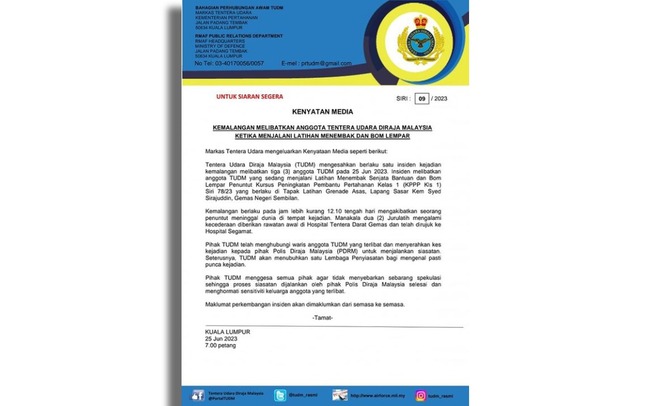 RMAF PERSONNEL DIES, TWO TRAINERS INJURED DURING WEAPONS TRAINING