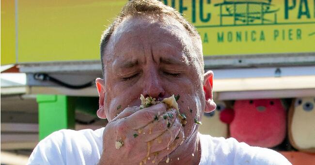 What happens to Joey Chestnut's body after the Hot Dog Eating Contest?