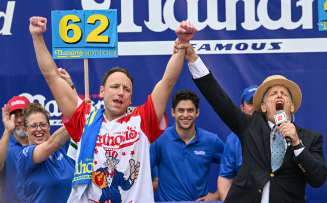 Joey Chestnut defends his championship of Nathan's Famous Hot Dog Eating Contest