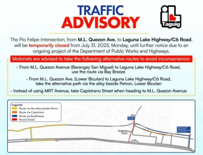 MMDA announces temporary closure of Pio Felipe intersection in Taguig