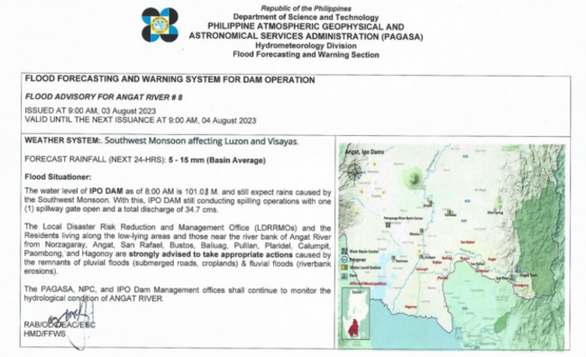 Pagasa warns residents near Angat river, Ipo dam: Brace for floods