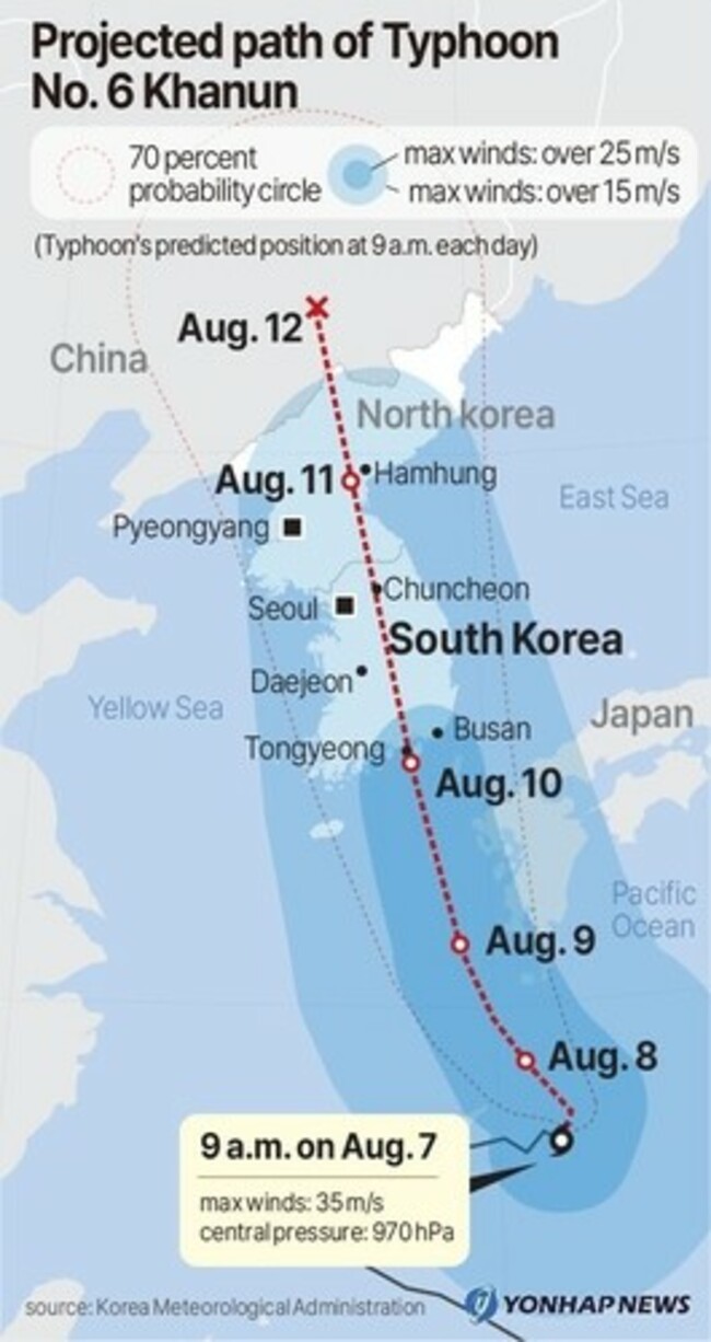 (LEAD) Typhoon Khanun to land on S. Korea's southeast coast this week