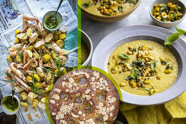 Donal Skehan's easy autumn recipes – basil and sweetcorn soup, Dublin Bay prawns and fig and almond cake
