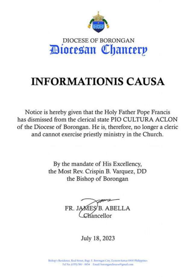 Church announces Pope's dismissal order vs Borongan priest