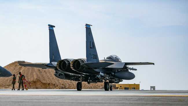 US F-15E fighter jets did their munitions transport mission in their new 'bomb truck' configuration