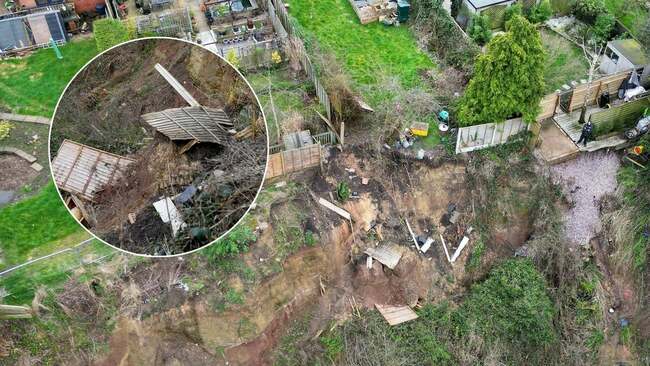 Video: Drone footage shows how giant landslide is gradually destroying gardens every time it rains