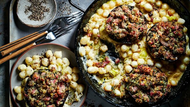 Whole mushroom, cheese and pancetta gnocchi bake