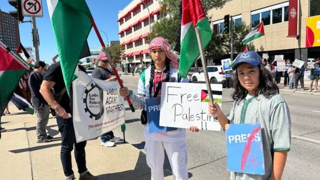 Rally outside Winnipeg CBC building protests broadcaster's Gaza coverage