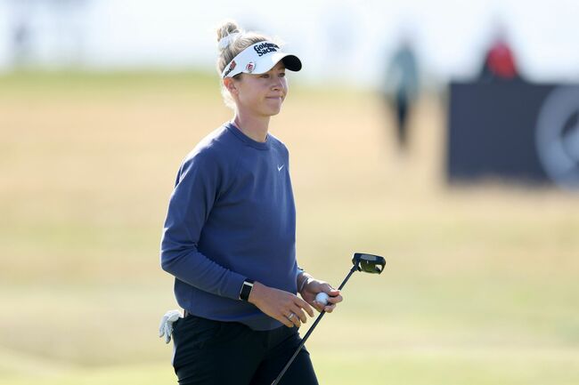Nelly Korda rocks a blue top as she practices her swing ahead of the Kroger Queen City Championship 2025