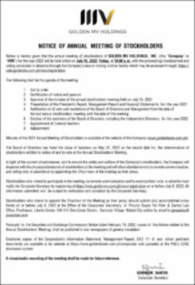 Golden MV Holdings, Inc. to hold annual meeting of stockholders on July 15