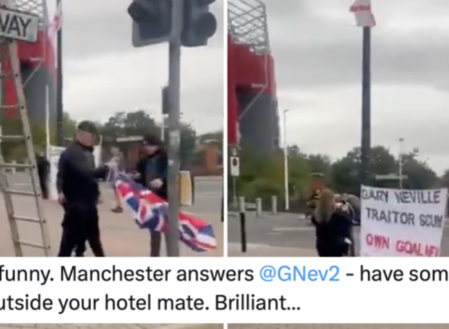 Mike Graham said these protestors putting up flags outside Gary Neville’s hotel was ‘brilliant’ but everyone else saw a magnificent self-own visible form space