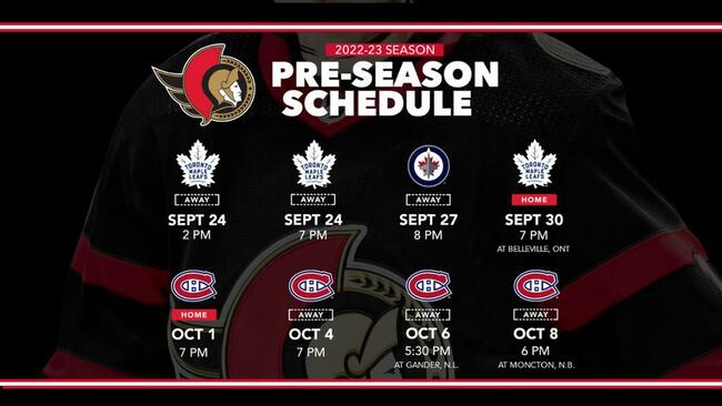 Ottawa Senators announce eight-game 2022-23 pre-season schedule