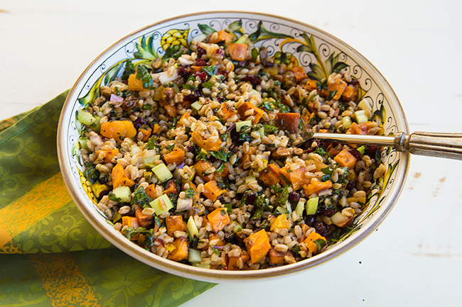 Farro Salad With Sweet Potatoes, Kale, Dried Cranberries, & Pistachios