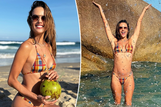 Alessandra Ambrosio soaks up the sun in teeny plaid bikini during Brazilian getaway