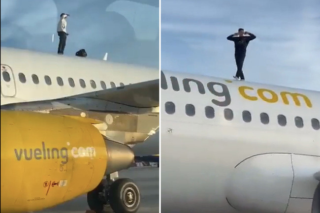 Idiot climbs onto roof of passenger plane and refuses to come down for 10 minutes