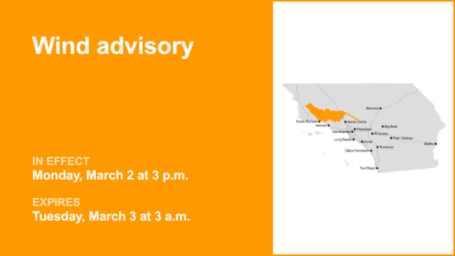 Wind advisory for 5 Freeway north of LA for Monday and Tuesday