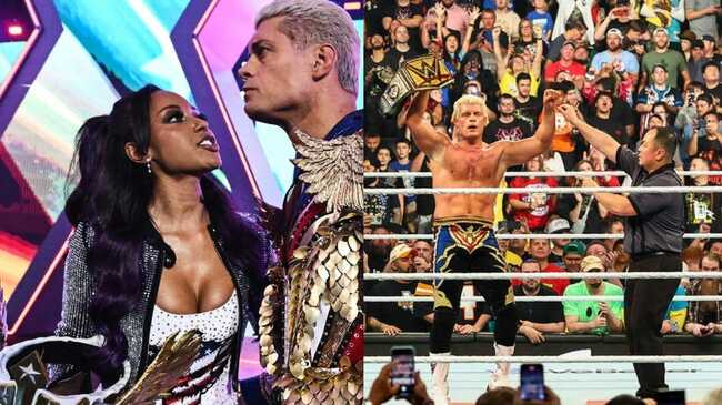 Brandi Rhodes reacts after Cody Rhodes becomes the new Undisputed WWE Champion on SmackDown