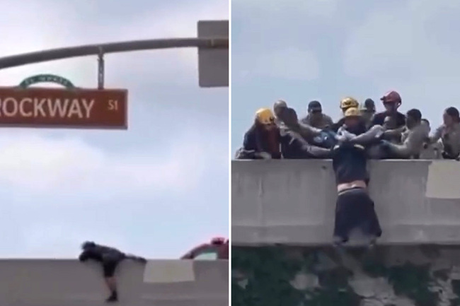 Heart-stopping moment rescuers swoop in on man trying to jump from LA overpass