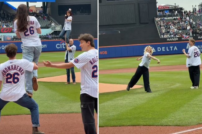 US figure skating team’s first pitch at Mets game doesn’t go well