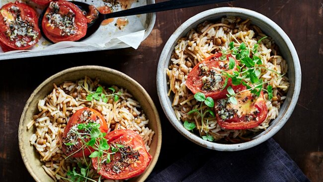 Koshari-style rice with spice-roasted tomatoes
