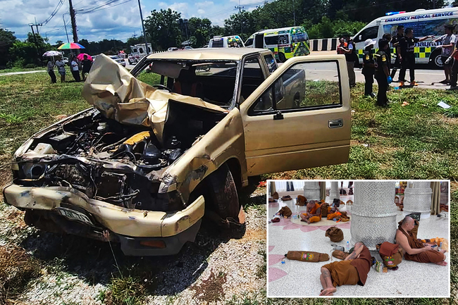 Eight monks killed on pilgrimage in Thailand after truck driven by boy, 11, crashes into them