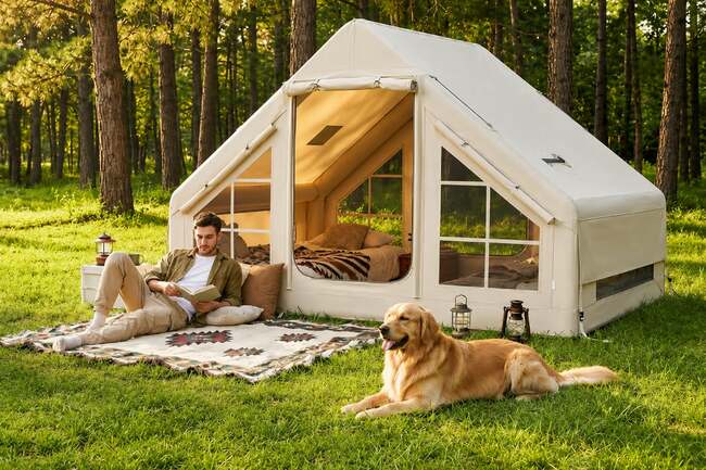 This inflatable camping tent sleeps four and sets up in around two minutes