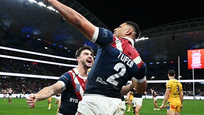 Eels score late but Tupou hat-trick leads Roosters to big win