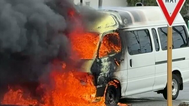 Bunnings staff rush to van that burst into flames in Perth