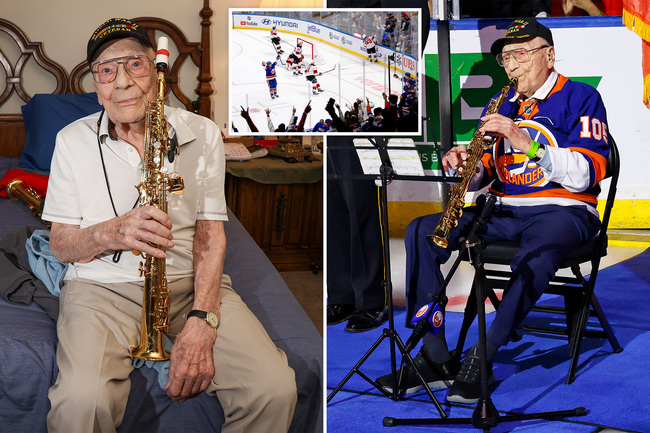 Beloved 105-year-old WWII vet returns to play national anthem at Islanders game