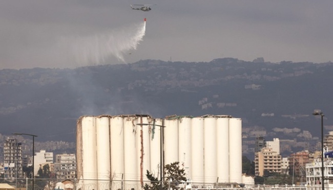 Blast-damaged grain silos in Lebanon partially collapse