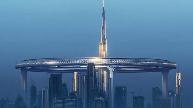 Architects design a model of a suspended city that encircles the Burj Khalifa